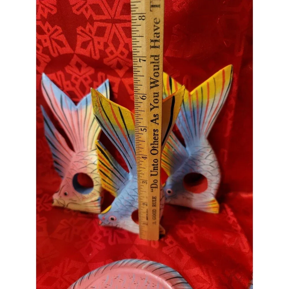 Hand Painted Wooden Fish Napkin Rings Home Decor Set of 6 with 4 Coasters